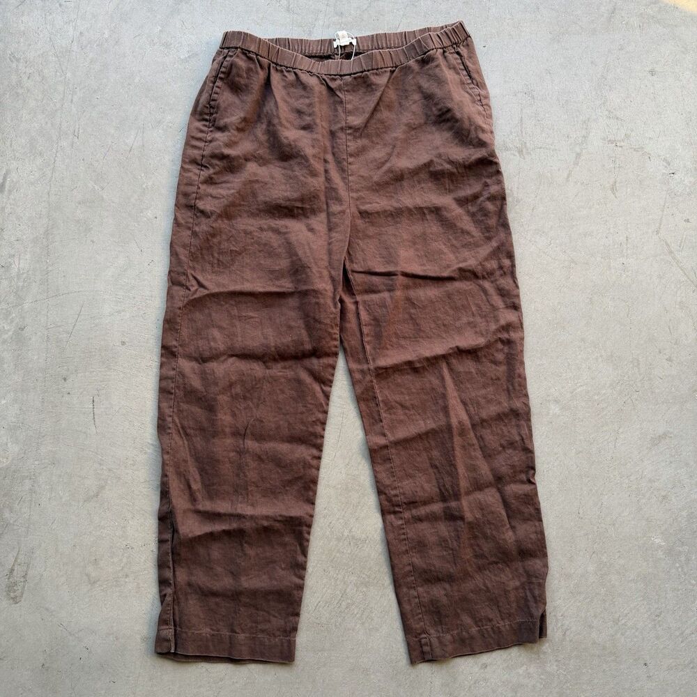 Eileen Fisher Womens  L Wide Leg Linen Pant Cropped Brown Pull On Stretch Waist